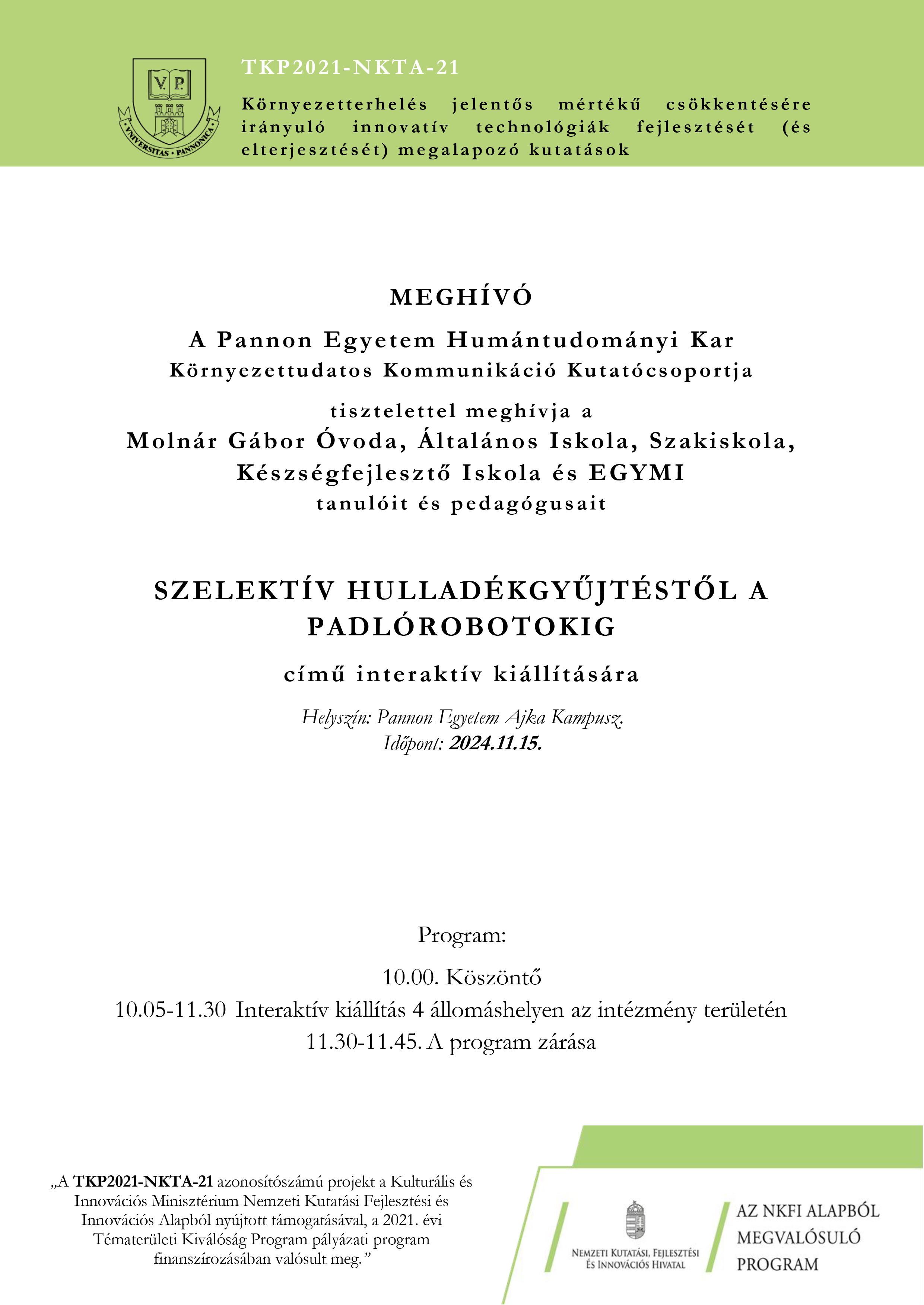 Meghívó Pannon Egyetem Ajka Interaktív kiállításra TKP2021 NKTA 21 2024.11.15